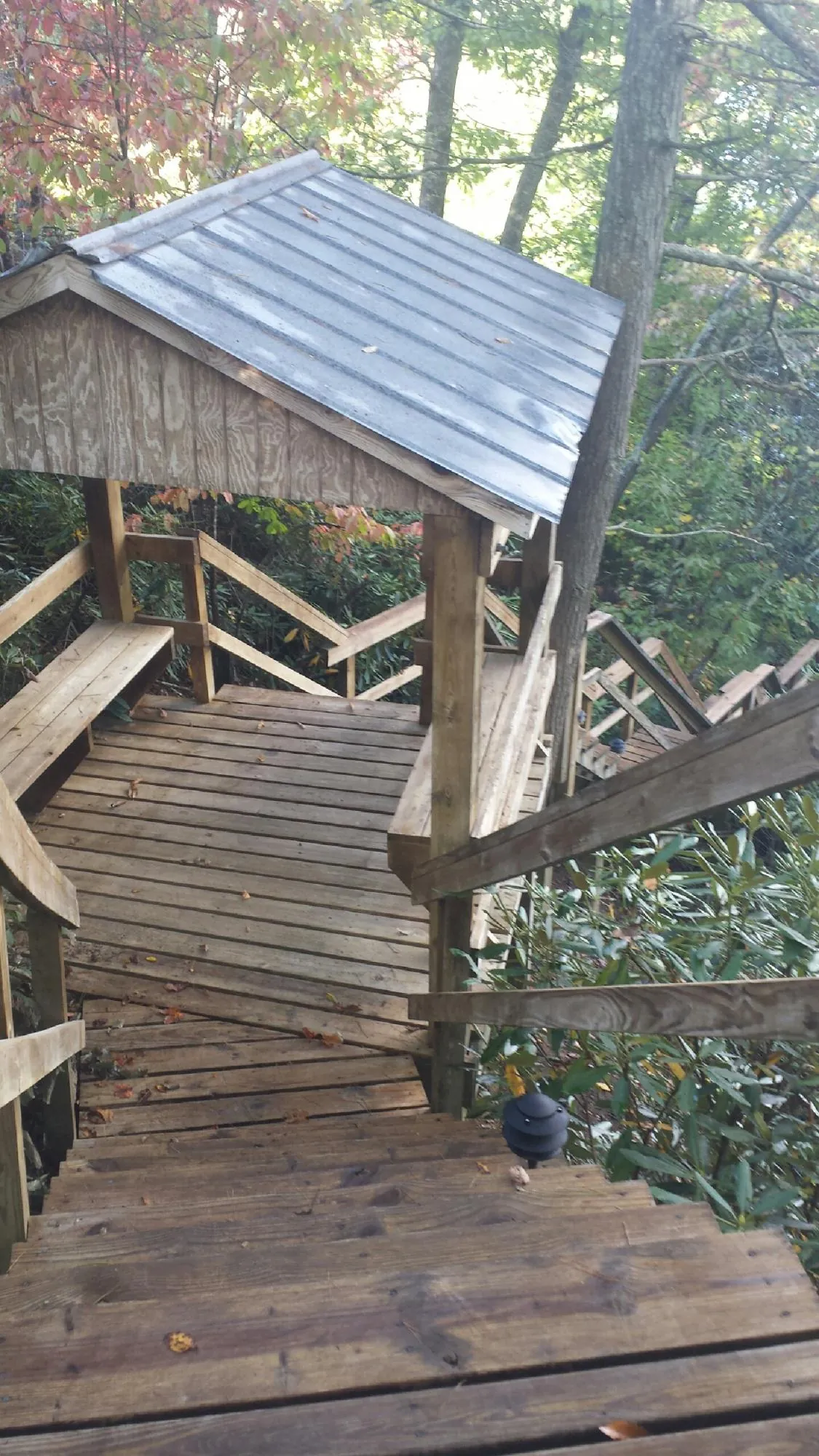 Metal roofed shelter over wooden steps on a wooded walkway — Skylight Repair & Installation work by our crew in Ramona